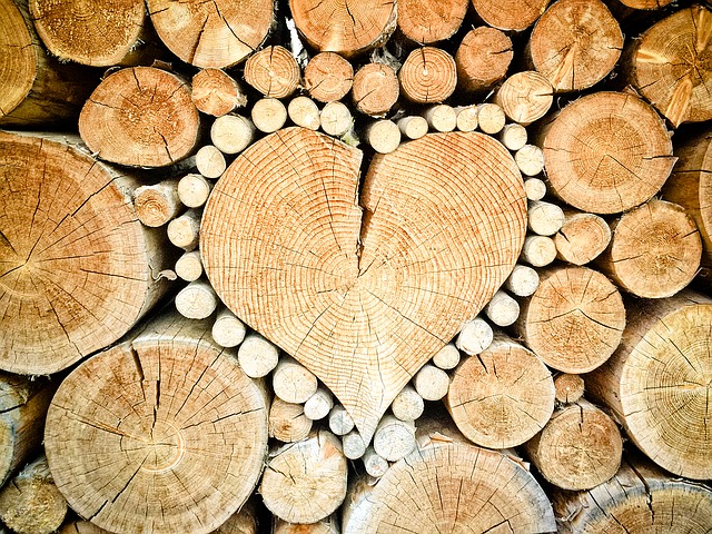 drewno ułożone w kształt serca potrzebne do ogrzania mieszkania - koza w kaflu