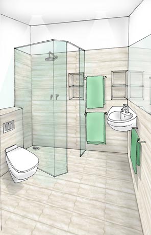 szpic projektu małej łazienki z kabiną prysznicową w kolorach beżu i zielemi